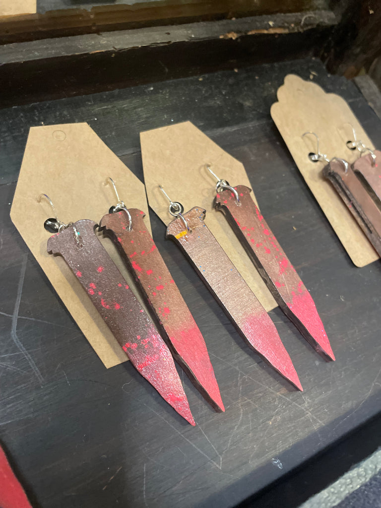 Bloody wooden stake earrings